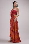 Buy_Breathe by Aakanksha Singh_Red Shimmer Georgette Printed Floral Pansy Draped Ruffle Saree With Blouse_Online_at_Aza_Fashions
