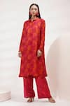 Buy_Breathe by Aakanksha Singh_Red Upada Silk Print Rosette Collared Bee Tunic With Pant _at_Aza_Fashions