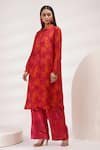 Shop_Breathe by Aakanksha Singh_Red Upada Silk Print Rosette Collared Bee Tunic With Pant _Online_at_Aza_Fashions