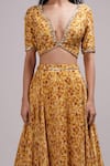 Buy_Breathe by Aakanksha Singh_Yellow Upada Silk Print Abstract Plunging Neck Bells Lehenga Set _Online_at_Aza_Fashions