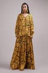 Buy_Breathe by Aakanksha Singh_Yellow Upada Silk Print Chamomile V Neck Blouse With Skirt _at_Aza_Fashions