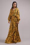 Breathe by Aakanksha Singh_Yellow Upada Silk Print Chamomile V Neck Blouse With Skirt _at_Aza_Fashions