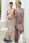 Shop_Vvani by Vani Vats_Beige Georgette Embroidered Mirror Sweetheart High Low Anarkali Pant Set 