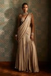 Buy_Vvani by Vani Vats_Beige Georgette Hand Embroidery Mirror Sweetheart Pre-draped Saree With Blouse _at_Aza_Fashions