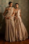 Buy_Vvani by Vani Vats_Beige Georgette Hand Embroidery Mirror Sweetheart Pre-draped Saree With Blouse 