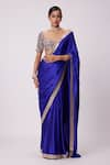 Buy_Vvani by Vani Vats_Blue Saree Satin Embroidery Mirror Sweetheart Neck Bloom Border With Blouse _at_Aza_Fashions