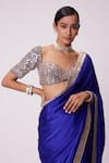 Vvani by Vani Vats_Blue Saree Satin Embroidery Mirror Sweetheart Neck Bloom Border With Blouse _Online_at_Aza_Fashions