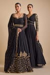 Prevasu_Black Georgette Sequin Floral Embellished Layered Anarkali Set  _Online_at_Aza_Fashions