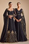 Prevasu_Black Georgette Embellished Stripe Sleeves Anarkali With Dupatta  _Online_at_Aza_Fashions