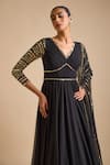 Shop_Prevasu_Black Georgette Embellished Stripe Sleeves Anarkali With Dupatta  _Online_at_Aza_Fashions