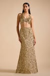 Prevasu_Gold Blouse Net Embroidery Sequin Halter Neck Embellished Mermaid Lehenga With _Online_at_Aza_Fashions