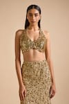 Prevasu_Gold Blouse Net Embroidery Sequin Halter Neck Embellished Mermaid Lehenga With _at_Aza_Fashions