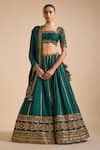 Buy_Prevasu_Green Blouse And Lehenga Blended Tussar Floral Zardozi Set  _at_Aza_Fashions