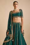 Shop_Prevasu_Green Blouse And Lehenga Blended Tussar Floral Zardozi Set  _Online_at_Aza_Fashions