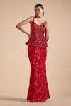 Buy_Prevasu_Red Georgette Embroidery Sequin Embellished Peplum Top With Mermaid Skirt _at_Aza_Fashions