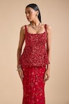 Buy_Prevasu_Red Georgette Embroidery Sequin Embellished Peplum Top With Mermaid Skirt _Online_at_Aza_Fashions