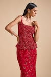 Shop_Prevasu_Red Georgette Sequin Embellished Peplum Top With Mermaid Skirt  _Online_at_Aza_Fashions