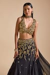 Prevasu_Black Blouse Net Embroidery Sequin V-neck Floral Vine Mermaid Lehenga Set _Online_at_Aza_Fashions