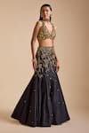 Buy_Prevasu_Black Blouse Net Embroidery Sequin V-neck Floral Vine Mermaid Lehenga Set _Online_at_Aza_Fashions