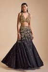 Shop_Prevasu_Black Blouse Net Embroidery Sequin V-neck Floral Vine Mermaid Lehenga Set _Online_at_Aza_Fashions