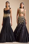 Buy_Prevasu_Black Blouse Net Embroidery Sequin V-neck Floral Vine Mermaid Lehenga Set 