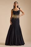 Buy_Prevasu_Black Georgette Embroidery Sequin Notched Swan Floral Embellished Mermaid Gown _at_Aza_Fashions