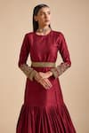 Buy_Prevasu_Maroon Silk Embroidery Sequin Round Embellished Sleeves Mermaid Gown _Online_at_Aza_Fashions