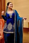 Shop_Reeti Arneja_Blue Velvet Embroidery Mirror Scoop Neck Boho Kurta Patiala Salwar Set 