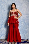 Buy_Rashika Sharma_Maroon Kurta And Sharara Silk Embroidery Bead Aaisha Peplum Set _at_Aza_Fashions