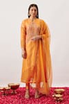 Buy_The Aarya_Orange Handwoven Chanderi Embroidery Zari Hassie Chevron Blossom Kurta Pant Set _at_Aza_Fashions