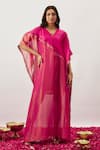 Buy_The Aarya_Pink Handwoven Chanderi Embroidery Zari Dori V Vanya Diagonal Lace Kaftan _at_Aza_Fashions