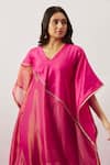 The Aarya_Pink Handwoven Chanderi Embroidery Zari Dori V Vanya Diagonal Lace Kaftan _Online_at_Aza_Fashions