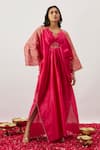 Buy_The Aarya_Pink Handwoven Chanderi Embroidery Zari Dori Step Neck Ruya Floral Kaftan _at_Aza_Fashions