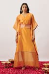 Buy_The Aarya_Orange Handwoven Chanderi Embroidery Zari Dori V Sahana Organza Panel Kaftan _at_Aza_Fashions