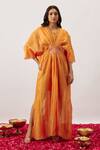 Buy_The Aarya_Orange Handwoven Chanderi Embroidery Zari Dori V Sahana Organza Panel Kaftan _Online_at_Aza_Fashions