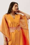 Shop_The Aarya_Orange Handwoven Chanderi Embroidery Zari Dori V Sahana Organza Panel Kaftan _at_Aza_Fashions