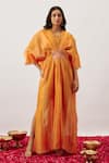 Buy_The Aarya_Orange Handwoven Chanderi Embroidery Zari Dori V Miorah Bloom Patchwork Kaftan _at_Aza_Fashions