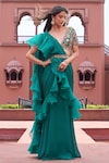 Aariyana Couture_Green Bustier Dupion Embroidered Floral V Pre-draped Ruffle Saree With Blouse_Online_at_Aza_Fashions