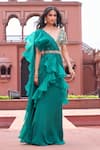 Buy_Aariyana Couture_Green Bustier Dupion Embroidered Floral V Pre-draped Ruffle Saree With Blouse_Online_at_Aza_Fashions