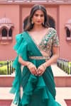 Aariyana Couture_Green Bustier Dupion Embroidered Floral V Pre-draped Ruffle Saree With Blouse_at_Aza_Fashions