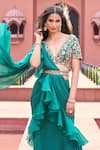 Aariyana Couture_Green Bustier Dupion Embroidered Floral V Pre-draped Ruffle Saree With Blouse _at_Aza_Fashions