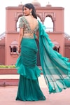 Shop_Aariyana Couture_Green Bustier Dupion Embroidered Floral V Pre-draped Ruffle Saree With Blouse