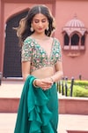 Shop_Aariyana Couture_Green Bustier Dupion Embroidered Floral V Pre-draped Ruffle Saree With Blouse 