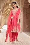 Buy_Aariyana Couture_Coral Kurta And Pant Chanderi Embroidered Scoop V Neck Kalidar Set _at_Aza_Fashions