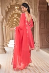 Shop_Aariyana Couture_Coral Kurta And Pant Chanderi Embroidered Scoop V Neck Kalidar Set_at_Aza_Fashions