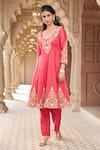 Aariyana Couture_Coral Kurta And Pant Chanderi Embroidered Scoop V Neck Kalidar Set _Online_at_Aza_Fashions