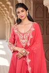 Shop_Aariyana Couture_Coral Kurta And Pant Chanderi Embroidered Scoop V Neck Kalidar Set_Online_at_Aza_Fashions