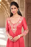 Aariyana Couture_Coral Kurta And Pant Chanderi Embroidered Scoop V Neck Kalidar Set_at_Aza_Fashions