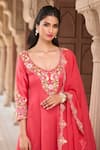 Shop_Aariyana Couture_Coral Kurta And Pant Chanderi Embroidered Scoop V Neck Kalidar Set 