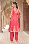 Buy_Aariyana Couture_Coral Kurta And Pant Chanderi Embroidered Scoop V Neck Kalidar Set _Online